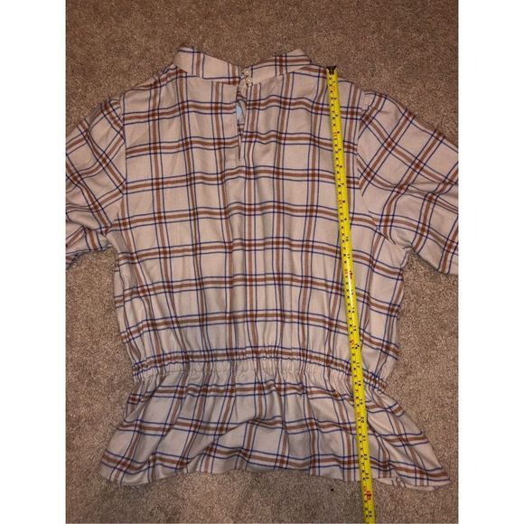 ANN TAYLOR NWT Soft Tan Plaid Gathered Waist Pullover Flannel TOP, Size Large P - Picture 10 of 10